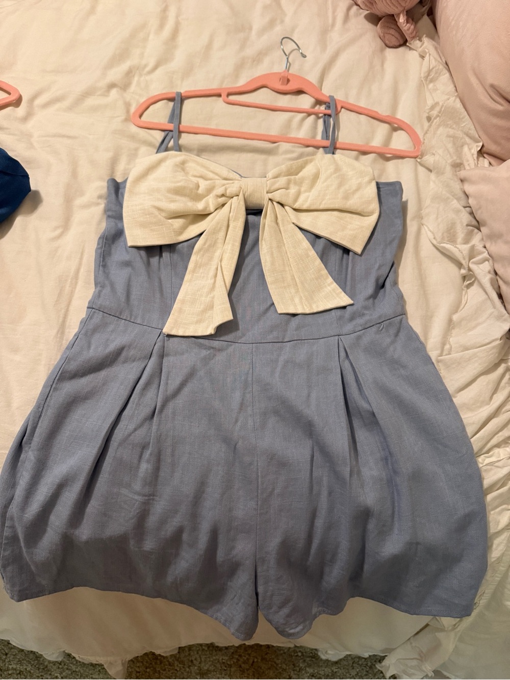 Blue Romper with Cream Bow